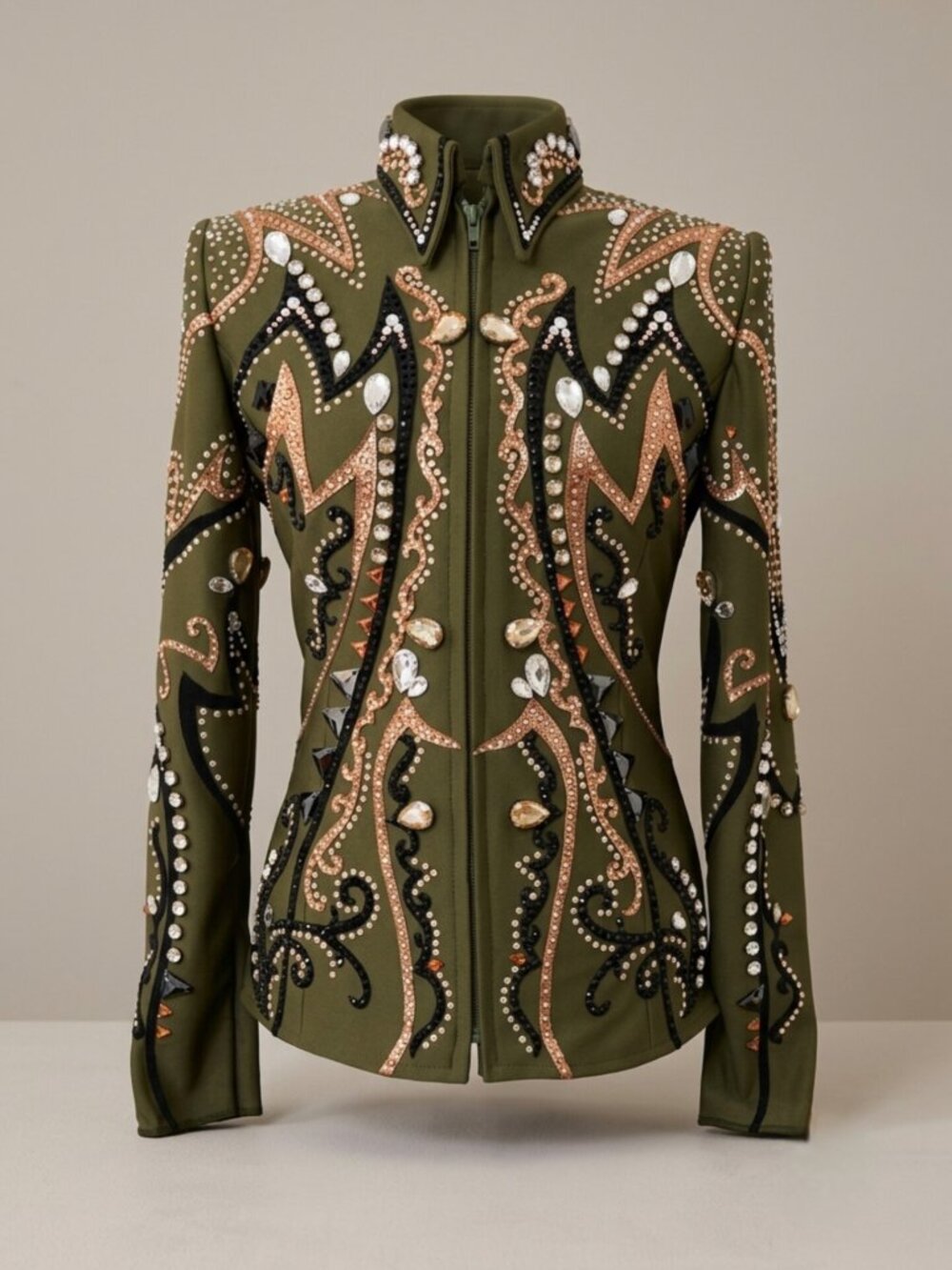 Custom Olive Green Western Show Jacket | Rose Gold & Black Crystal Embellished |
